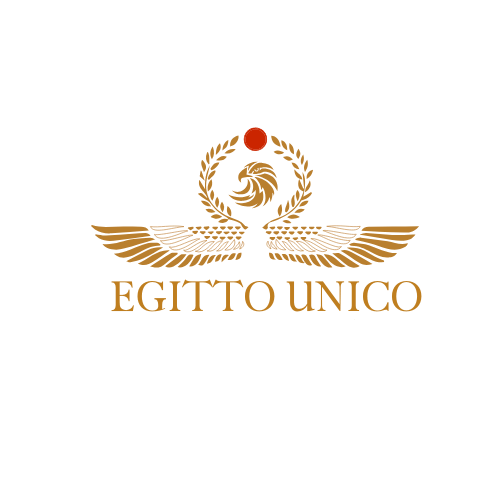 Logo Egitto Unico con ali dorate, simbolo egizio stilizzato e sole rosso sopra la scritta