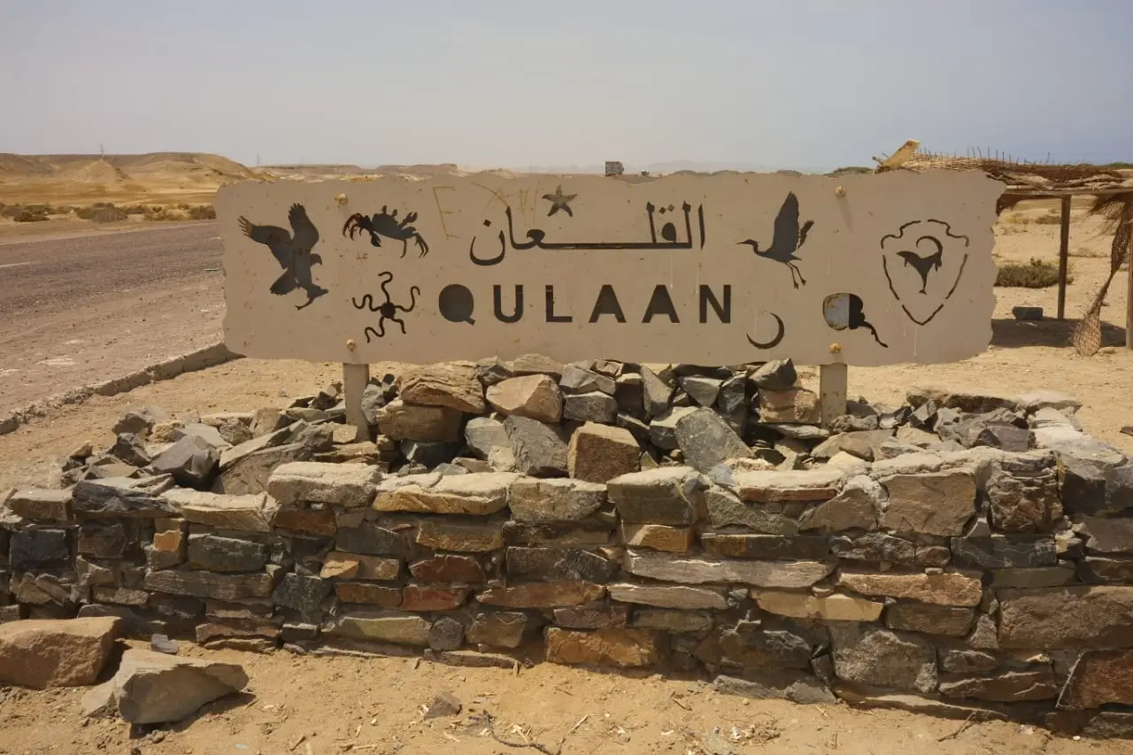 Cartello di benvenuto Qulaan con simboli di animali e scritte arabe circondato da pietre nel deserto vicino a Marsa Alam punto di partenza per escursioni nella natura