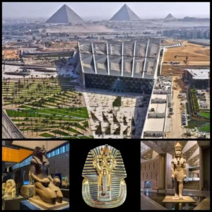Collage del Grande Museo Egizio: veduta aerea con le piramidi, statue di Ramses II e maschera di Tutankhamon, highlight del tour del Cairo da Sharm