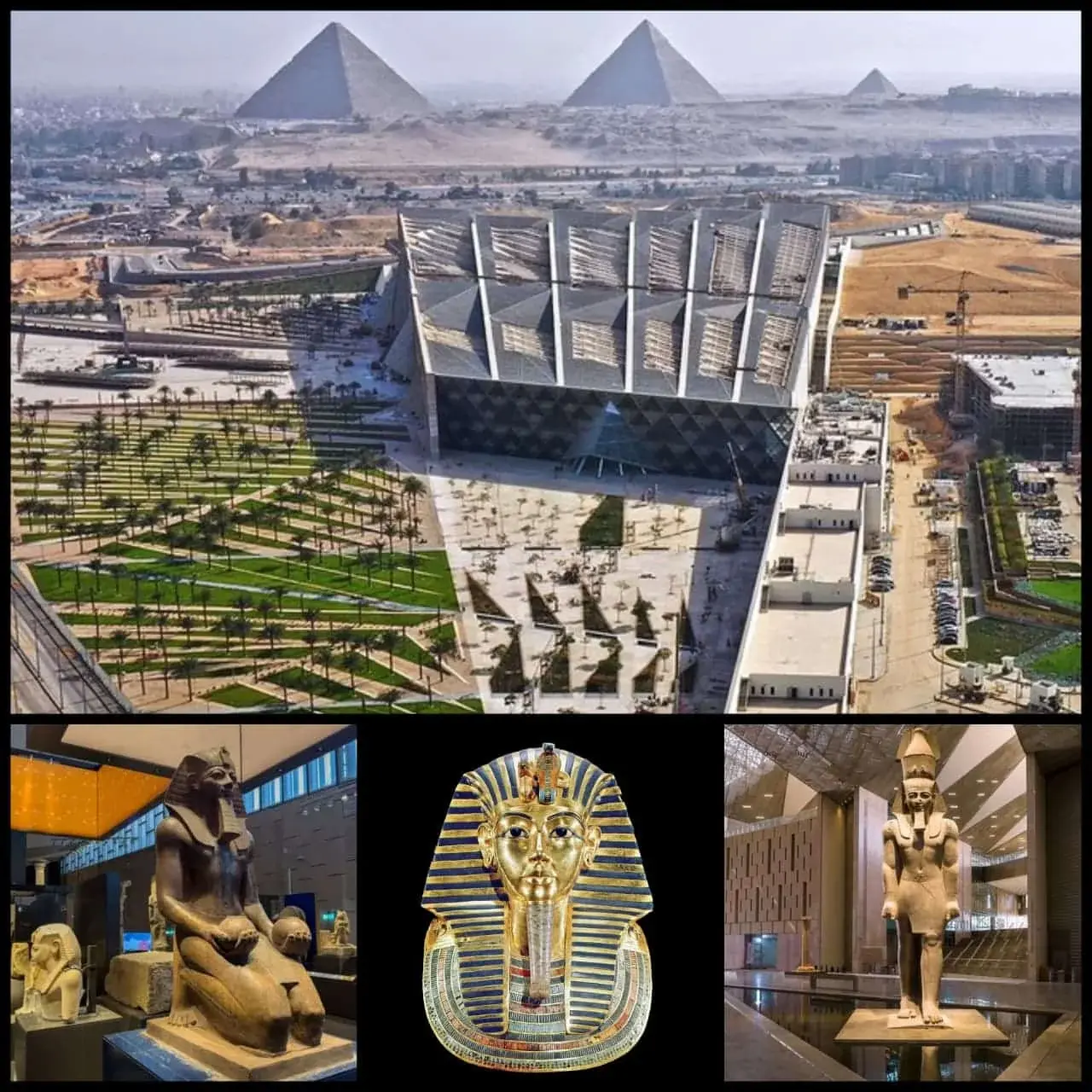 Collage del Grande Museo Egizio: veduta aerea con le piramidi, statue di Ramses II e maschera di Tutankhamon, highlight del tour del Cairo da Sharm
