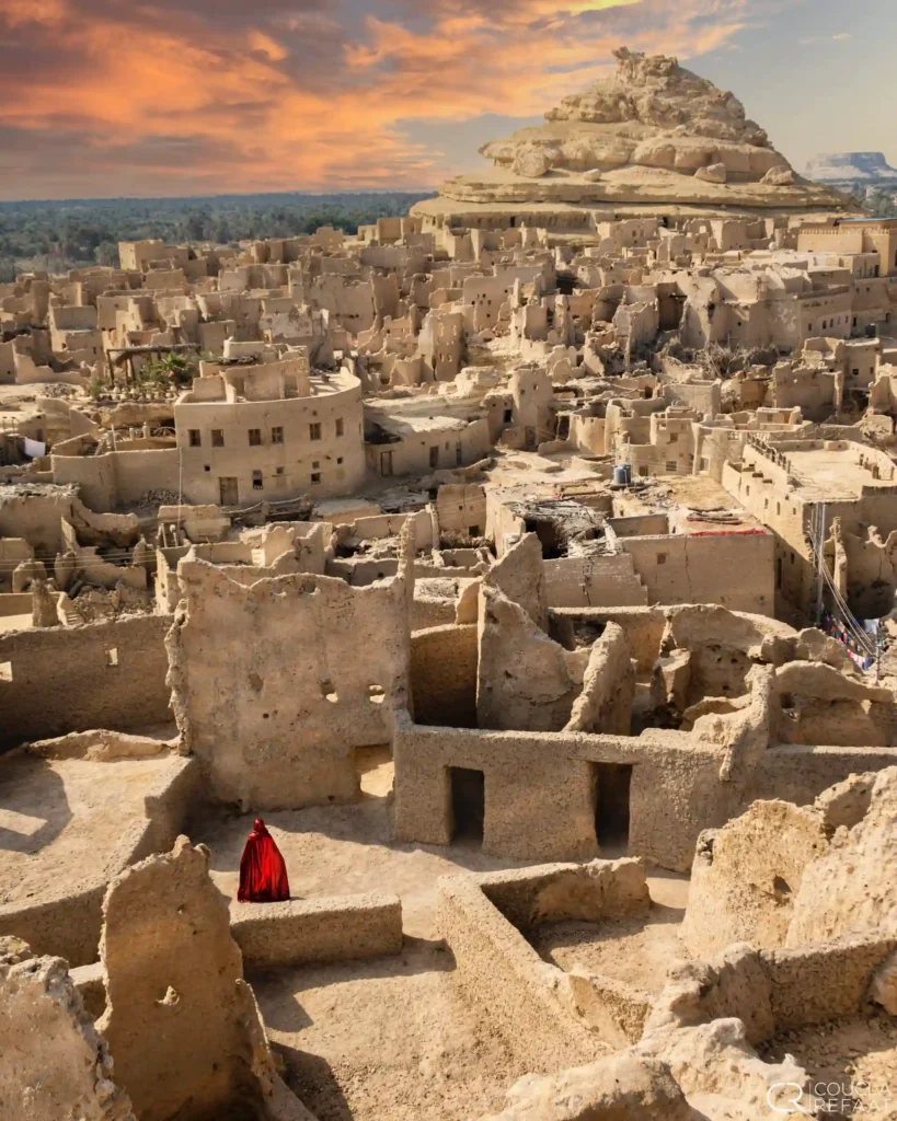 Vista panoramica dell’antico villaggio di Siwa al tramonto visitato durante la gita all’Oasi di Siwa da Marsa Matrouh con guida italiana