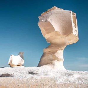Incredibili formazioni naturali di gesso a forma di fungo e cammello nel Deserto Bianco visitato durante l’escursione di 2 giorni da Il Cairo con pernottamento a Bahariya