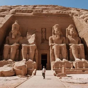 l'imponente facciata del Grande Tempio di Ramses II ad Abu Simbel, scolpita in una parete di roccia. La facciata è dominata da quattro colossali statue sedute del faraone Ramses II, ciascuna alta circa 20 metri, scolpite con dettagli intricati nel arenaria