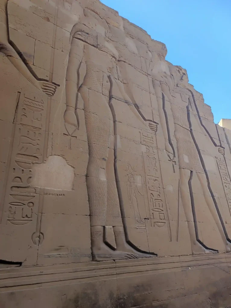 Incisioni e rilievi sul muro del Tempio di Edfu durante il tour in giornata a Edfu e Kom Ombo con partenza da Luxor