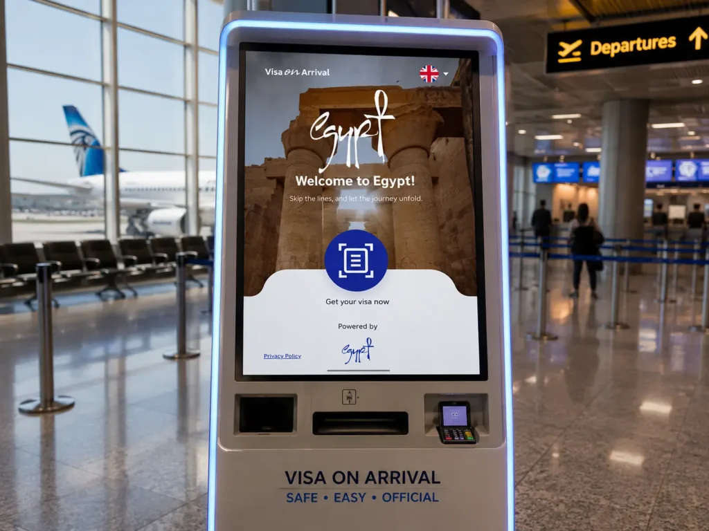 Chiosco digitale self-service per il visto all'arrivo (E-Visa) all'interno di un terminal aeroportuale in Egitto.