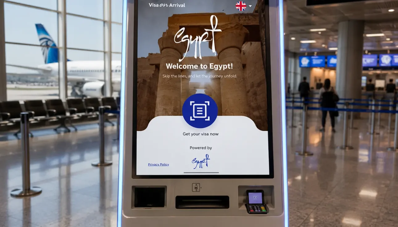 Chiosco digitale self-service per il visto all'arrivo (E-Visa) all'interno di un terminal aeroportuale in Egitto.